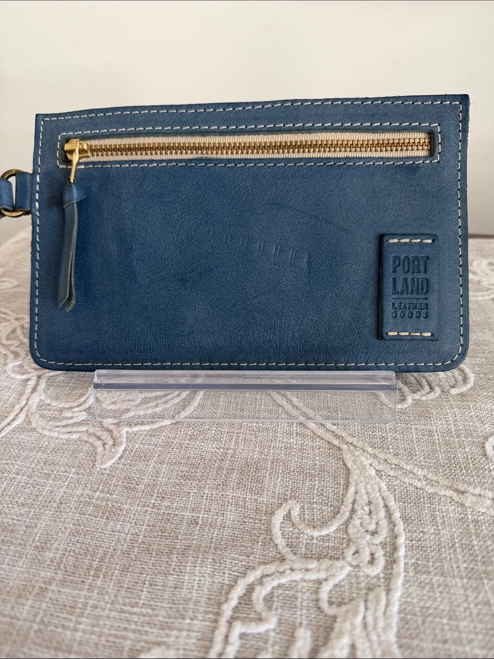 Portland Leather Goods Navy Blue Leather Wristlet Wallet with Gold Zip